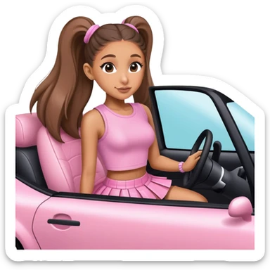 Ariana grande wearing a pink croc top and pink short skirt skirt driving to the wicked set sticker