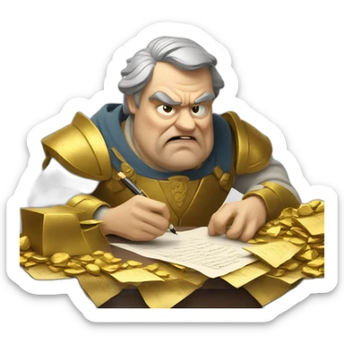 middle ages taxman, angry, writing on a paper, pile of gold sticker