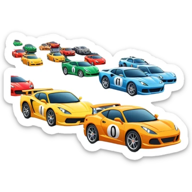 grandstands filled with cheering crowds, checkered flags waving, and traffic lights signaling the start, with a thrilling atmosphere of anticipation and speed. Sporty cars and motorcycles lined up at the starting line, ready to race, with a vibrant racetrack in the background. sticker