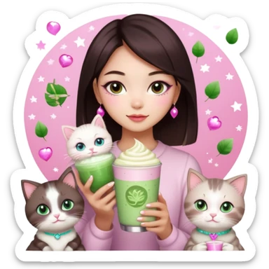 asian girl with shoart dark brown hair with a soft girl pink glowup aesthetic. matcha latte sparkles girly things, 2 ragdoll cats, skincare, makeup, money, luxury sticker