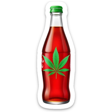 Curved Coca-Cola style glass bottle in red with a green cannabis leaf printed on it and labeled "red pop" sticker