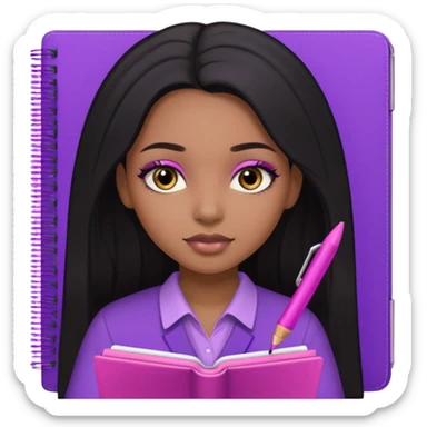 Une fille noir au cheveux lisse qui est entrain d’écrire avec un stylo rose sur un cahier violet cheveux long et lisse avec des jolis yeux et un beau makeup sticker