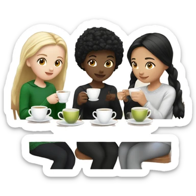Blonde, white girl and Asian black haired girl drinking tea at Christmas time sticker