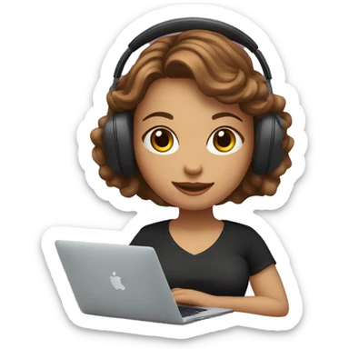 women with fair skin and brown wavy hair developing on a macbook with headset on, wearing a black t-shirt sticker