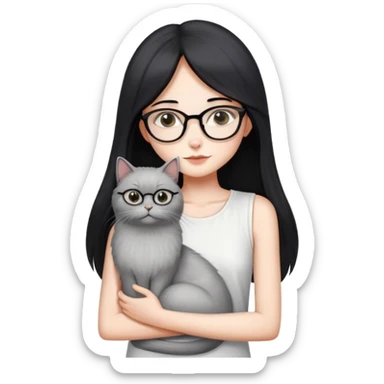 Skinny woman with oval glasses, long straight black hair, wearing white sleeveless top, hugging a grey Persian-Angora cat, plain background sticker