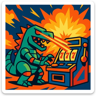 robot dinosaur shooting lasers from its eyes while playing a slot machine, with a big explosion in the background, vibrant and dynamic scene sticker