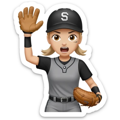 Girl softball player in grey and black uniform  with a ball glove on and a screaming face sticker