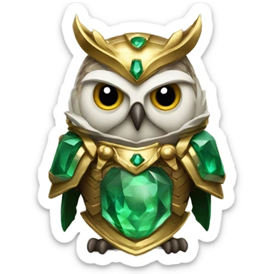 owl warrior wearing golden armor embedded with emerald jewels sticker