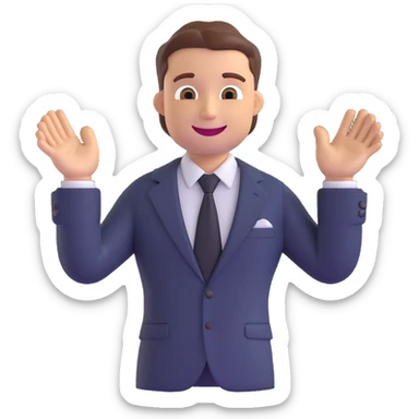 salesman emoji, smiling, wearing a tie, gesturing with one hand, business attire sticker