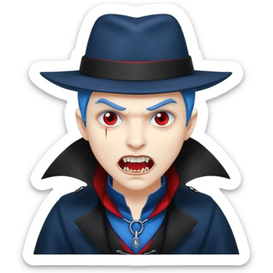 Vampire with blue hat,black coat with read collared ,teeth looks like vampire with aggression on face, full body. sticker