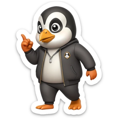 friendly anthropomorphised penguin wearing a mafia-style tracksuit, secretive scheming pose, soprano vibe, angry expression, walking quickly with a tense hurried stride, holding a knuckle duster sticker