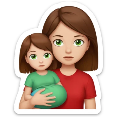 a girl with brown strait hair and has baby green eyes has a red t-shirt no baby sticker