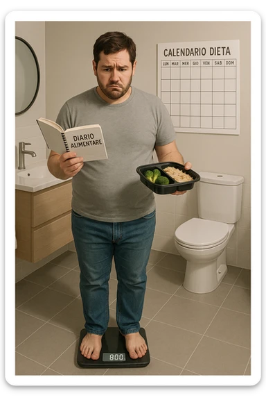 Uomo sulla trentina in piedi su una bilancia in bagno, con espressione delusa e confusa. In mano tiene un diario alimentare e un contenitore per i pasti già preparati, segno che sta seguendo una dieta. Dietro di lui un calendario con settimane segnate, ma senza cambiamenti. Il suo corpo appare identico a prima, senza progressi visibili. La bilancia digitale mostra lo stesso numero. Ambientazione pulita e moderna, toni neutri. Atmosfera di frustrazione e demotivazione, luce soffusa. scrivi tutti i testi in italiano sticker