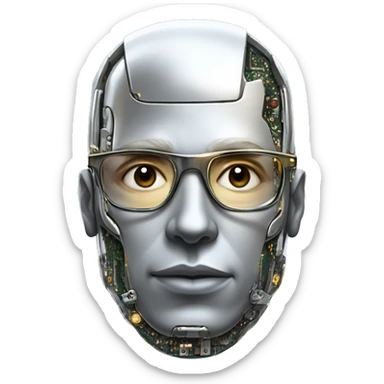 Male cyborg head with metallic skin, flat top, rectangular glasses and circuits sticker