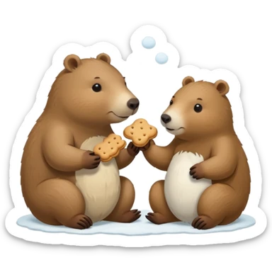 small capybara and a snow bear eating biscuits with each other sticker