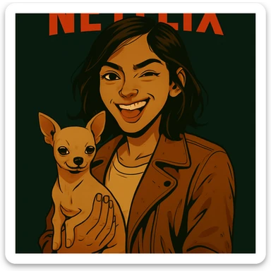 Restore the rebellious and playful expression on the face in the style of a Netflix series, keeping all other elements identical. sticker