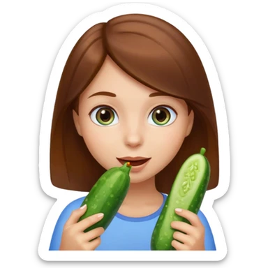I want a brown hair blue eyes girl emoji, sucking a cucumber and holding two more in her hands sticker