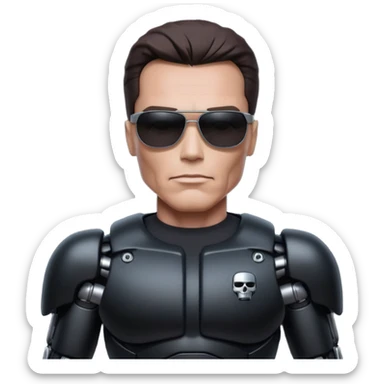 Schwarzenegger-like Terminator, upper body only, wearing his iconic clothes in black (all clothes must be black), looking human but with robotic details, and wearing dark sunglasses, hair must be dark
 sticker