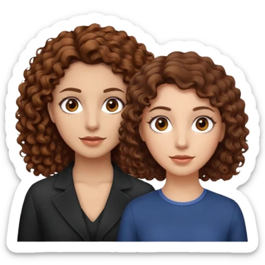 A woman with brown curly hair and brown eyes next to a woman with a slightly lighter shade of brown hair but the same brown eyes sticker
