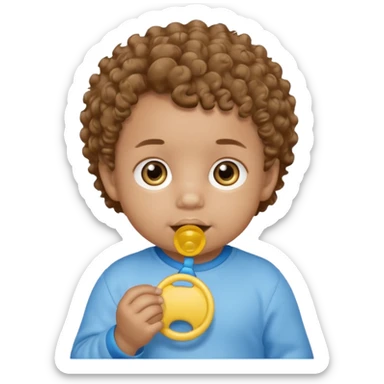A boy baby with light brown skin, soft curly light-brown hair, wide brown eyes, and a blue-yellow pacifier.  sticker