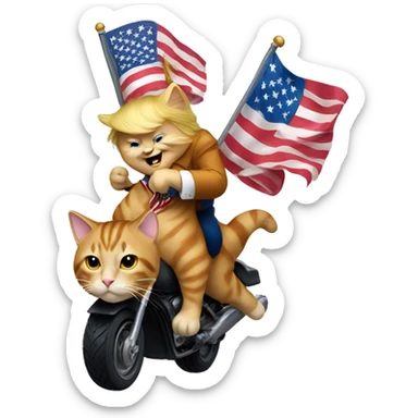 Donald Trump riding a cat holding an American flag sticker