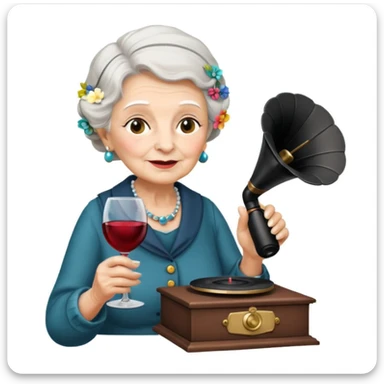 old lady with wineglass listening to gramophone sticker