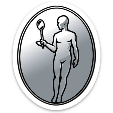 A paintbrush transforming into a silver human silhouette sculpture emblem, symbol of artistic identity, with a mirror-like silver metallic finish sticker
