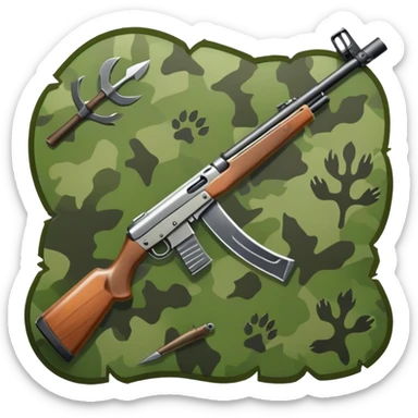 Icon for Hunting: a rifle, hunting knife and a set of animal tracks on the ground, surrounded by a camouflage pattern. The icon should represent the tools and spirit of hunting. Transparent background. sticker