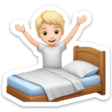 child happily getting out of bed in the morning, bright and friendly sticker