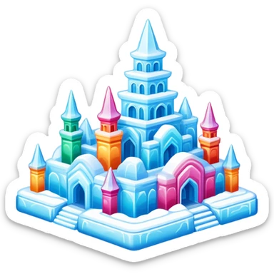 Harbin Ice and Snow Festival colorful ice sculpture, simplified emoji style with bold outlines and bright colors, cartoon style ice building sticker