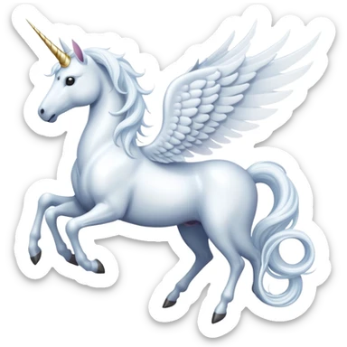 All white Cinematic Noble Unicorn with wings, slender with a flowing mane and tail and spiraled horn sticker