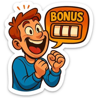 Make the person look extremely excited and joyful while waiting for a bonus slot, with a big smile and energetic body language. Keep the style consistent with the original and maintain a transparent background. sticker