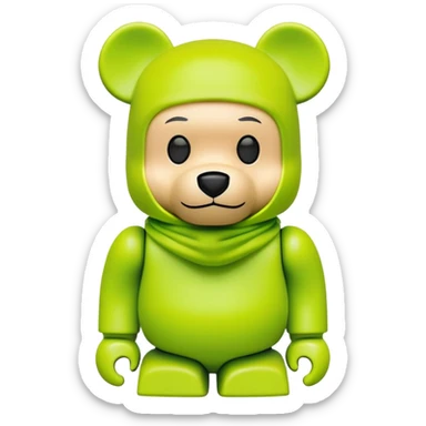 authentic bearbrick collectible figure with squared head and bear features, wearing a bright lime balaclava with defined thick eyebrows, toy design sticker