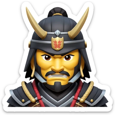 clash-of-clans-aesthetic_-cinematic-fearsome-and-majestic-samurai-bust-portrait-emoji, rendered in a flat, vector-style with minimal shading and bold, simplified shapes typical of emoji art, depicting a battle-hardened samurai with black mask and traditional black Japanese armor. The samurai is riding a noble grey warhorse adorned with an intricately designed saddle and fluttering banners and a rising sun. a samurai riding on a  horse zoomed in sticker