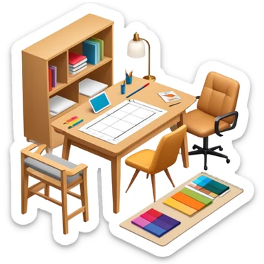 Icon for Furniture Design: a workspace with a designer sketching a piece of furniture, surrounded by design tools like a ruler, pencil, fabric swatches, and a 3D model of the furniture. The icon should represent the design process and creativity in furniture making. Transparent background. sticker