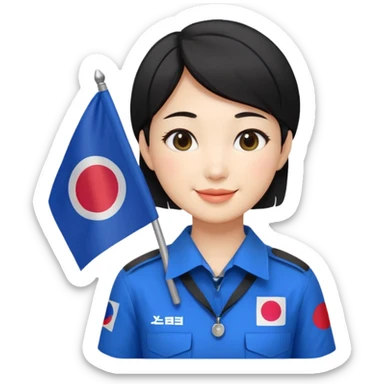 A big eye
A young Korean female guide with black short hair and a Korean flag sticker