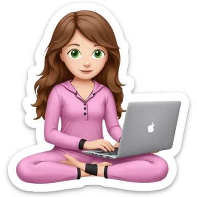 make a picture in ios 18 style of a white girl with brown long wavy hair and green eyes wearing pink pilates core pajamas and working on a laptop sticker