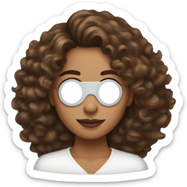 What woman with curly brown long hair applying Eye patches sticker