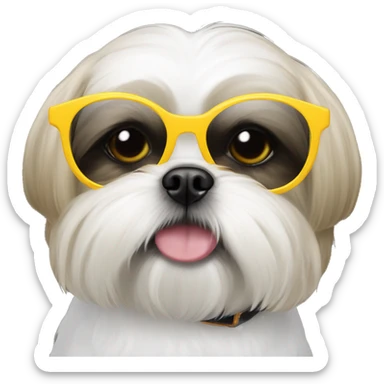 White shihtzu wearing circle sunglasses with yellow rim sticker