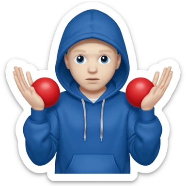 white rapper in a hoodie holding blue and red balls in opposite hands sticker