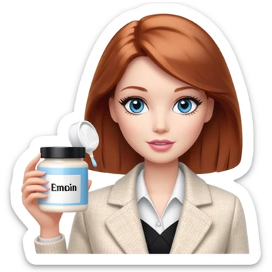 A Barbie girl with blue eyes, shoulder-length reddish-brown hair with makeup, wearing a white tweed jacket and a black skirt, pale beige body cosmetic cream pot sticker