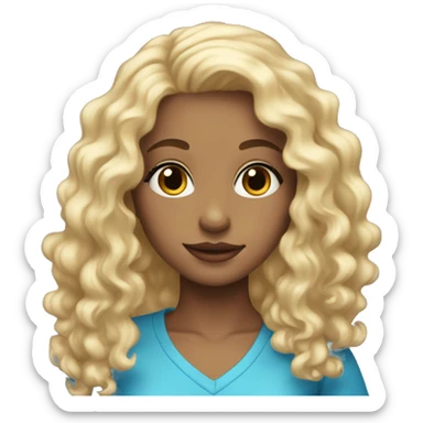 Girl with blonde hair with loose curls and blue eyes wearing  sticker