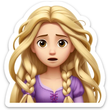 Cinematic Funny Rapunzel Portrait Emoji, Looking exhausted while tangled in her own hair, a dramatic sigh, eyes rolling with humorous exasperation, a hilariously relatable moment for the long-haired princess! sticker