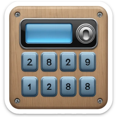wooden rectangle keypad with a blue small screen and a door holder sticker