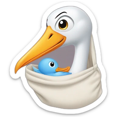 stork delivering baby boy in fabric held in its beak you can see the baby boys face popping from the top of the sack sticker