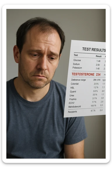Un uomo caucasico di 35-45 anni, in CGI fotorealistico, che mostra i segni fisici ed emotivi di un basso livello di testosterone. aggiungere un referto medico semi-trasparente fluttuante accanto a lui, con valori di testosterone evidenziati in rosso. sticker