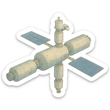 ghibli style illustration of Tiangong orbital station with soft colors sticker