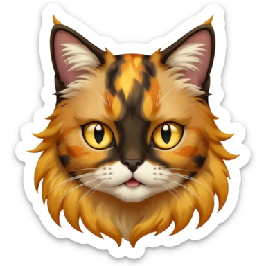 long hair tortoiseshell cat with a black face, white beard and yellow lightning mark above left eye sticker