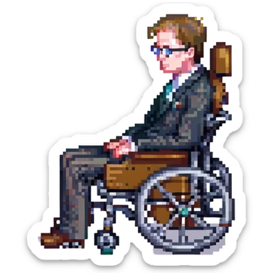 side view of Stephen Hawking in pixel art style, sitting in his wheelchair, wearing a suit, simplified pixel art details sticker