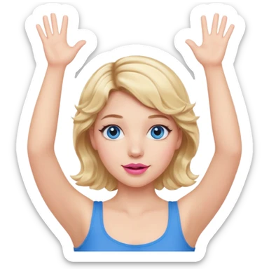 Girl Blonde short wavy hair,  blue eyes, cute blue top, long lashes, pink lips, both hand up in the air  sticker